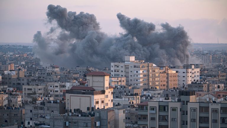 Smoke rises following an Israeli airstrike in Gaza City
Pic:AP