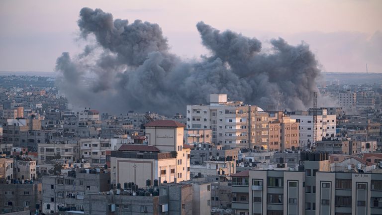 Smoke rises following an Israeli airstrike in Gaza City
Pic:AP