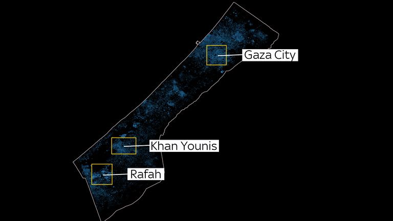 Map of buildings in the Gaza Strip, with major cities highlighted. SOURCE: Open Street Map