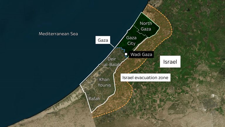 A map showing the evacuation zone of northern Gaza down to the Wadi Gaza.