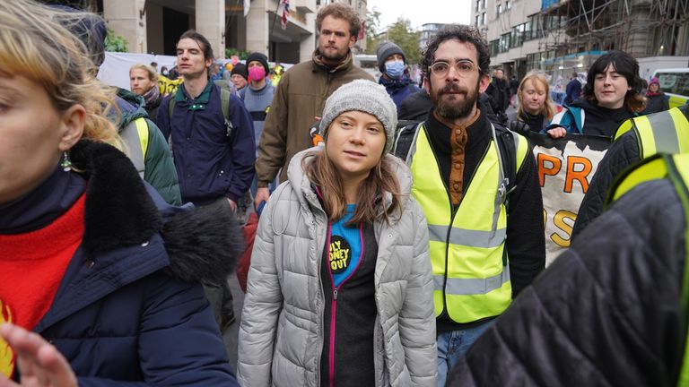 Greta Thunberg joins protesters from Fossil Free London outside the InterContinental in central London, to demonstrate ahead of the Energy Intelligence Forum, a gathering between Shell, Total, Equinor, Saudi Aramco, and other oil giants