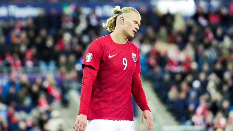 Norway&#39;s Erling Haaland looks dejected during the 1-0 defeat to Spain