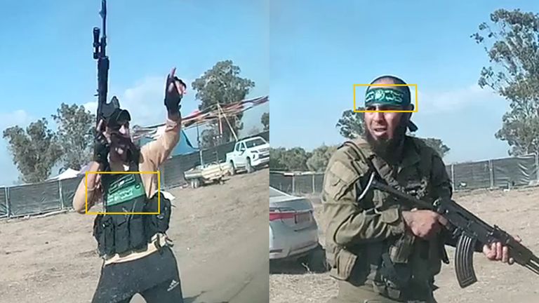 Two men appear in the video wearing bands similar logos to Hamas fighters