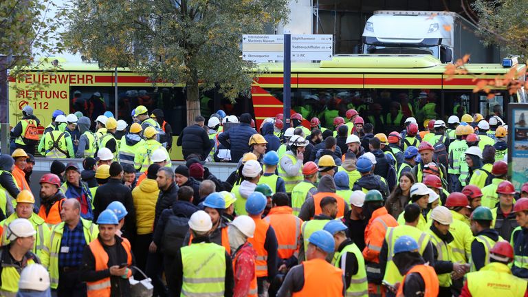 Several workers fell from scaffolding at a construction site in Hamburg's HafenCity. Pic: AP