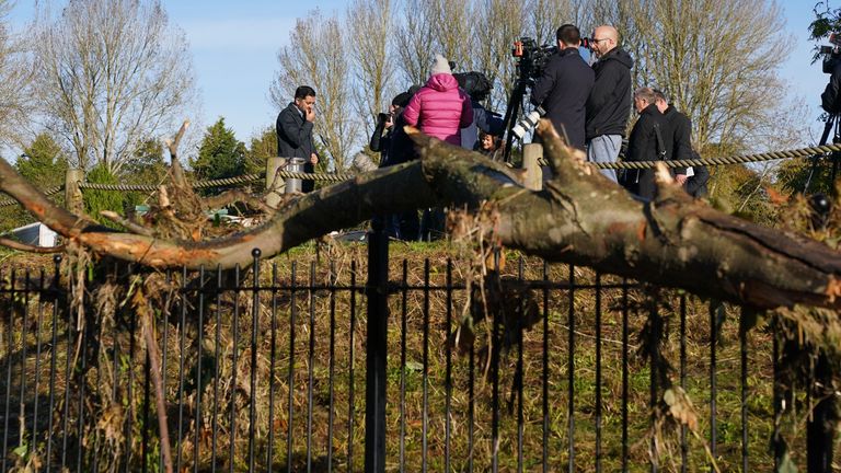 First Minister Humza Yousaf (left) speaking to the media during a visit to Brechin, Scotland, to thank members of the emergency services and Angus Council for their efforts in responding to the flooding caused by Storm Babet. Picture date: Monday October 23, 2023.