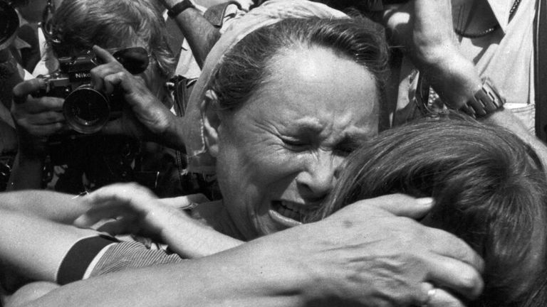 Mother reunited with her daughter after Entebbe hostage crisis. Pic: AP