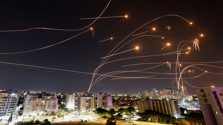 Israel&#39;s Iron Dome anti-missile system intercepts rockets launched from the Gaza Strip, as seen from the city of Ashkelon, Israel October 8, 2023. REUTERS/Amir Cohen