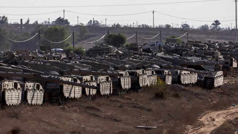 Numerous Israeli tanks are seen gathered in southern Israel as Israel says it is extending its military operations in Gaza. October 30, 2023. REUTERS/Evelyn Hockstein