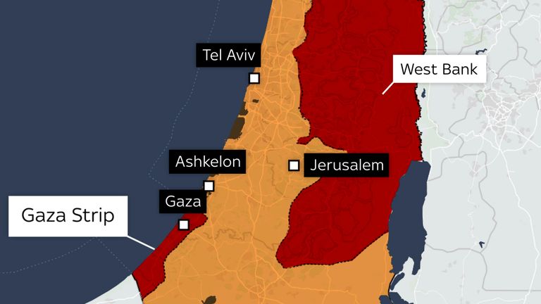 A map showing where air raid warnings and rocket attacks have taken place after an attack by Hamas on Israel.