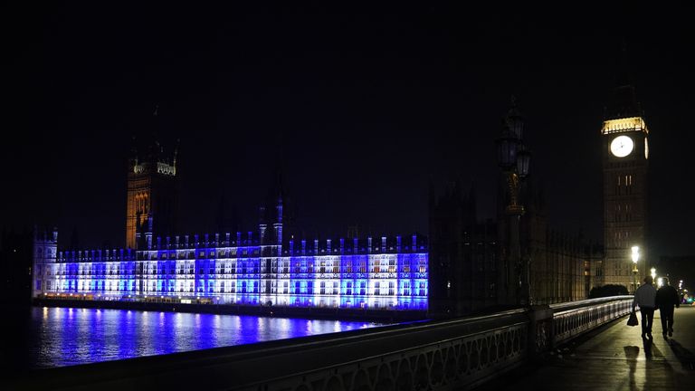 The Houses of Parliament were illuminated in the colours of Israel&#39;s flag