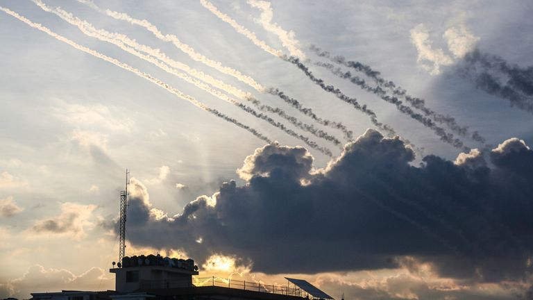 Rockets are fired toward Israel from Gaza, Saturday, Oct. 7, 2023. (AP Photo/Fatima Shbair)


