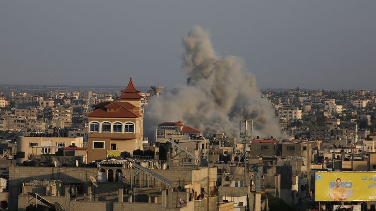 Smoke rises following Israeli airstrikes in Rafah, southern Gaza Strip. Pic: AP