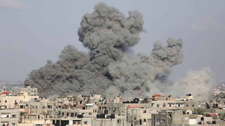 Smoke rises following Israeli airstrikes in Rafah, southern Gaza Strip. Pic: AP