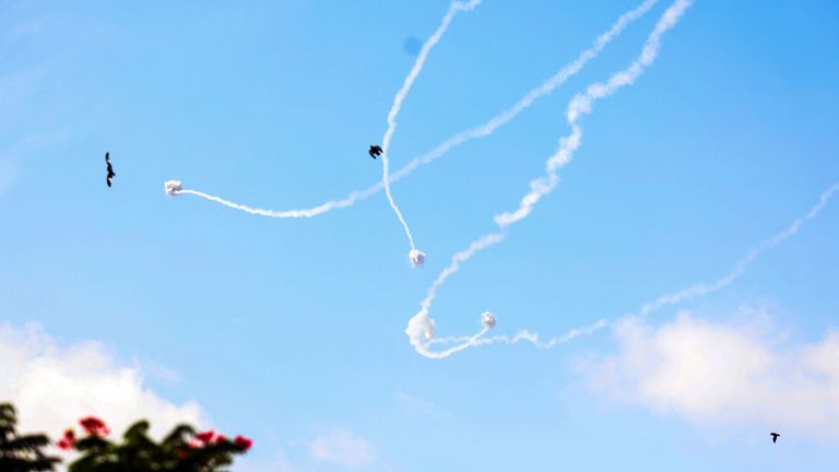 Israel&#39;s Iron Dome anti-missile system intercepts rockets launched from the Gaza Strip, as seen from Sderot, southern Israel October 8, 2023. REUTERS/Ronen Zvulun