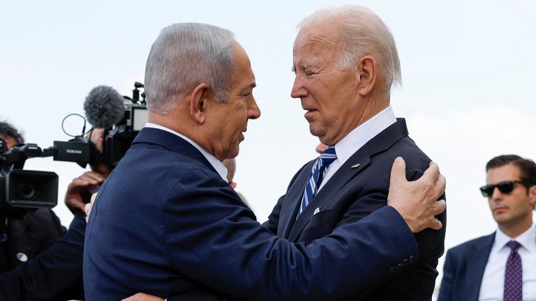 U.S. President Joe Biden is welcomed by Israeli Prime Minster Benjamin Netanyahu, as he visits Israel amid the ongoing conflict between Israel and Hamas, in Tel Aviv, Israel, October 18, 2023. REUTERS/Evelyn Hockstein

