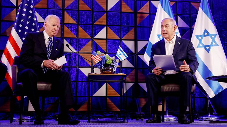 U.S. President Joe Biden meets with Israeli Prime Minister Benjamin Netanyahu, as he visits Israel amid the ongoing conflict between Israel and Hamas, in Tel Aviv, Israel, October 18, 2023. REUTERS/Evelyn Hockstein 