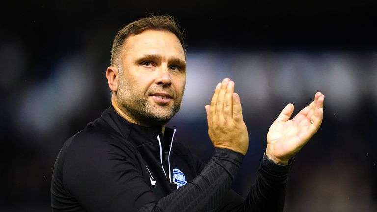 Birmingham City manager John Eustace applauds the fans following the Sky Bet Championship match at St. Andrew&#39;s, Birmingham. Picture date: Friday October 6, 2023. PA Photo. See PA story SOCCER Birmingham.