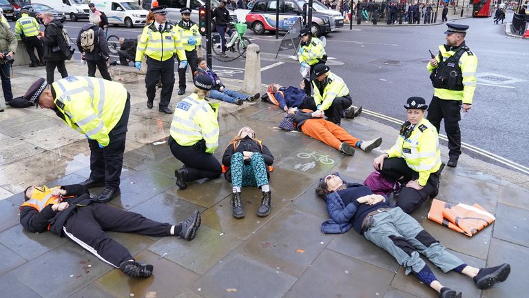Just Stop Oil protesters demand the government immediately halt all new oil, gas and coal projects in the UK.  Pic: PA