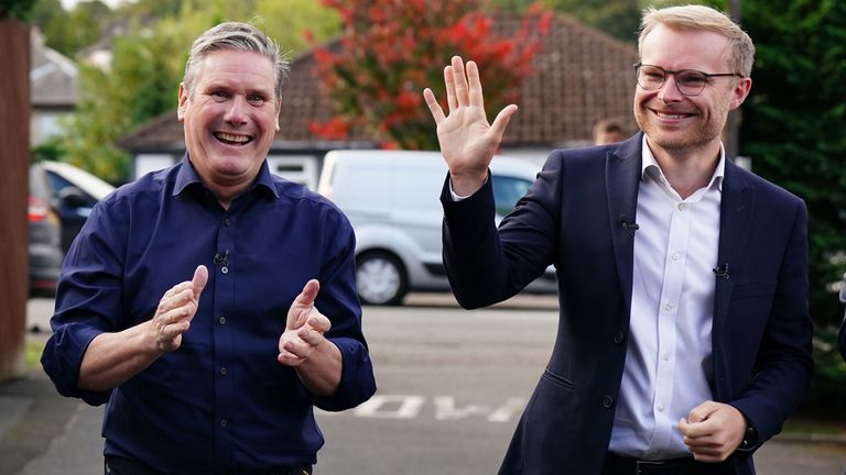 Labour leader Sir Keir Starmer (left) with new Labour MP for Rutherglen and Hamilton West Michael Shanks arriving at a rally following Scottish Labour&#39;s win in Rutherglen and Hamilton West by-election. Picture date: Friday October 6, 2023. PA Photo. The seat was vacated after former SNP MP Margaret Ferrier was ousted in a recall petition. Ms Ferrier was kicked out of the SNP for breaching Covid regulations by travelling between London and Glasgow after testing positive for the virus. See PA story POLITICS Rutherglen. Photo credit should read: Jane Barlow/PA Wire 