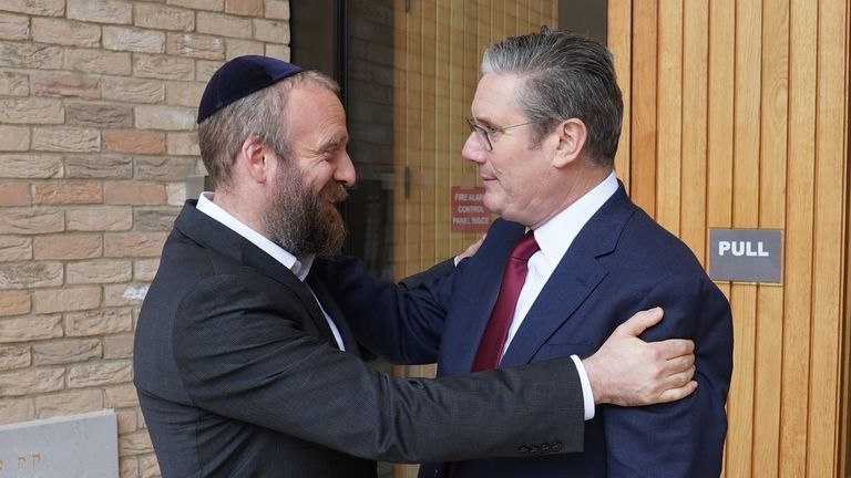 Labour leader Sir Keir Starmer says goodbye to Rabbi Eli Levin after visiting the South Hampstead Synagogue, London. Picture date: Thursday October 12, 2023.