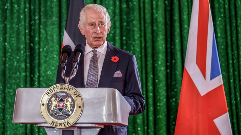 Britain&#39;s King Charles III delivers his speech during the State Banquet hosted by Kenyan President William Ruto at the State House in Nairobi on October 31, 2023. LUIS TATO/Pool via REUTERS