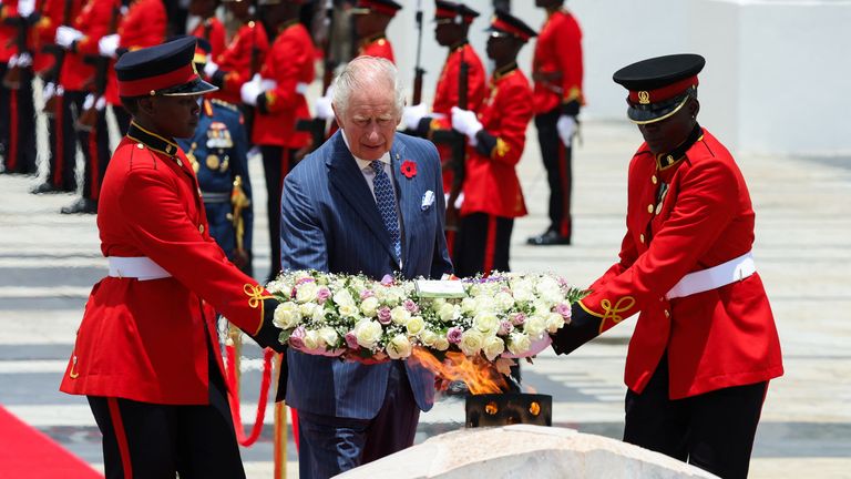 King Charles attends a wreath-laying ceremony at the Tomb of the Unknown Warrior on their state visit to Kenya at the Uhuru Gardens in Nairobi, Kenya