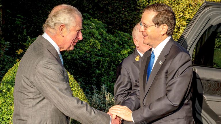 The King, when he was Prince Charles, meeting Israeli President Isaac Herzog in 2021

