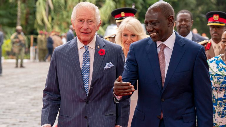 King Charles III and Queen Camilla are welcomed by the President of Kenya Dr William Ruto and the First Lady Rachel Ruto as they arrive at the State House in Nairobi on day one of the State Visit to Kenya. Picture date: Tuesday October 31, 2023. PA Photo. See PA story ROYAL Kenya. Photo credit should read: Arthur Edwards/The Sun/PA Wire