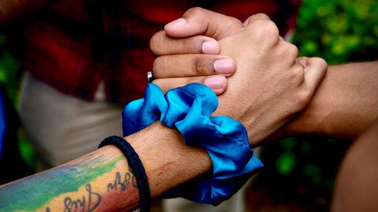 LGBTQ+ community supporters waiting for the Supreme Court verdict. Pic: AP