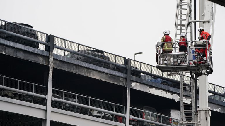 The scene at Luton Airport after a fire ripped through level three of the airport&#39;s Terminal Car Park 2, causing it to collapse. The airport, which was closed due to the incident, has since reopened following the fire which caused disruption for tens of thousands of passengers. Picture date: Thursday October 12, 2023.