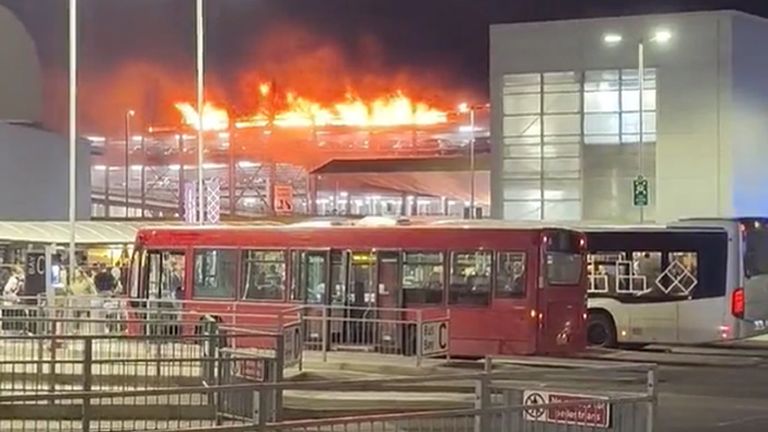 BEST QUALITY AVAILABLE Screen grab taken with permission from video posted on Twitter by @Soriyn23of a fire at a car park at Luton Airport On Tuesday. All flights at the airport have been suspended. Issue date: Wednesday October 11, 2023.