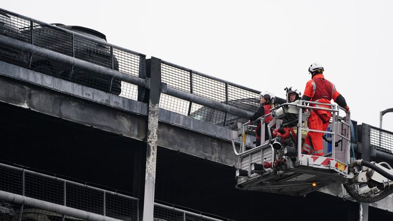 The scene at Luton Airport after a fire ripped through level three of the airport&#39;s Terminal Car Park 2, causing it to collapse. The airport, which was closed due to the incident, has since reopened following the fire which caused disruption for tens of thousands of passengers. Picture date: Thursday October 12, 2023.