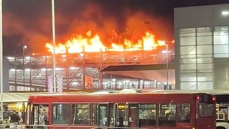 BEST QUALITY AVAILABLE Screen grab taken with permission from video posted on Twitter by @Soriyn23of a fire at a car park at Luton Airport On Tuesday. All flights at the airport have been suspended. Issue date: Wednesday October 11, 2023