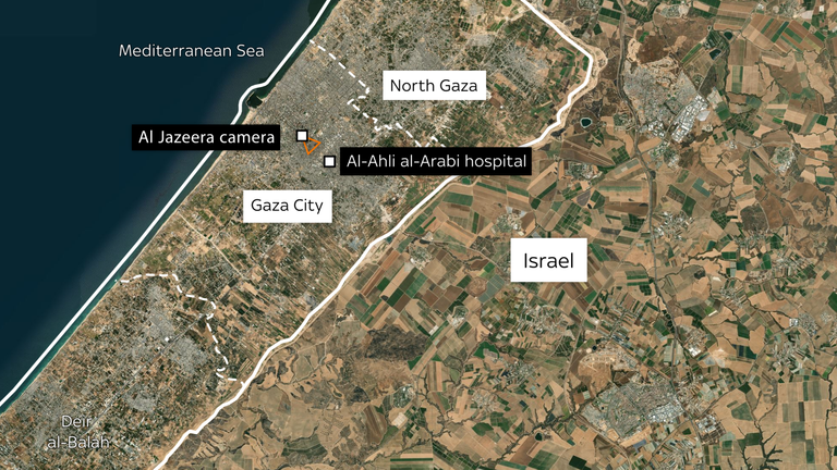 The Al Jazeera camera&#39;s faces eastwards in its final frame, capturing the blast at the hospital. 