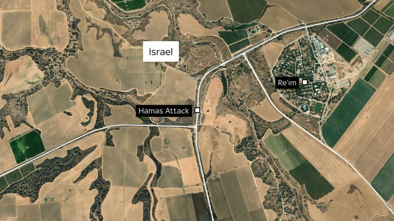 A map showing the location of where the bodycam footage was captured during the Hamas attack near Re&#39;im.  