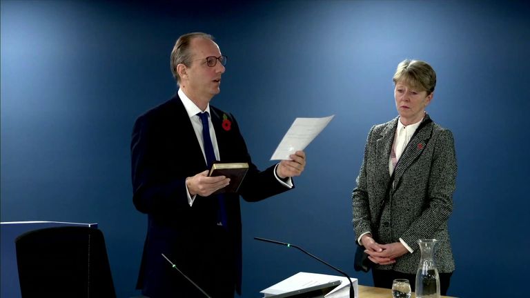 Martin Reynolds, former principal private secretary to Boris Johnson, is sworn in at the start of his evidence to the COVID inquiry