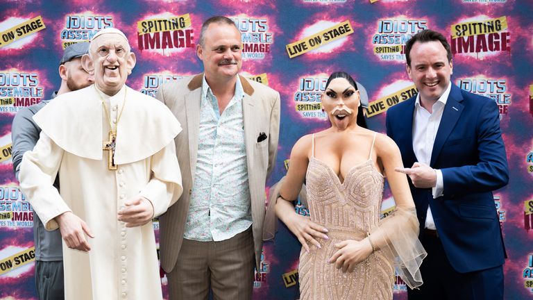 Forde, far right, with comedian Al Murray and puppets of Pope Francis and Kim Kardashian at the opening night of Idiots Assemble: Spitting Image The Musical in London in June 