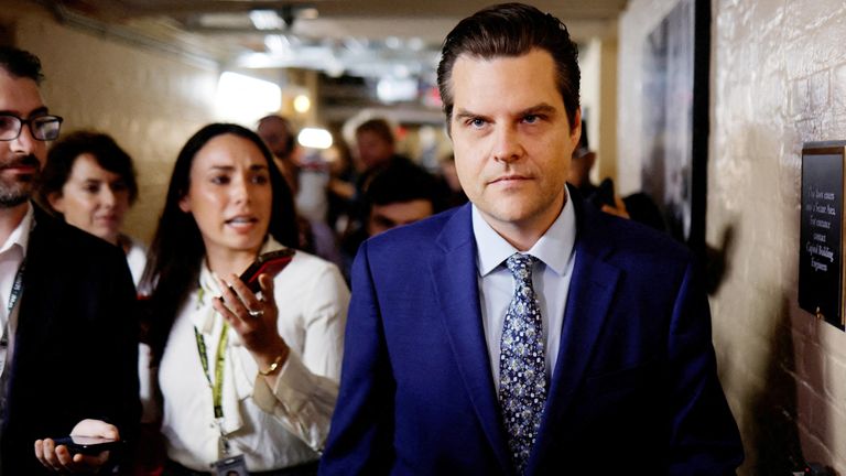  Matt Gaetz  is trailed by reporters after a House Republican conference meeting, where they discussed an attempt by Gaetz to oust House Speaker Kevin McCarthy 