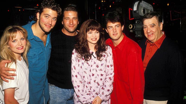Craig Bierko (second left) and Matthew Perry (second right) and their Sydney co-stars in 1990