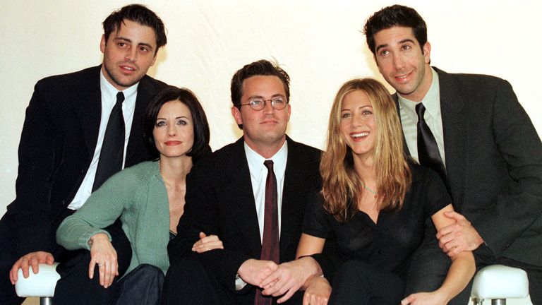 Starring in the American TV sitcom "Friends" (L to R) Courteney Cox, Matt Le Blanc, Matthew Perry, David Schwimmer and Jennifer Aniston pose for photos at Channel 4 TV Center on March 25.  The cast are in the UK to film the final episode of their current series.