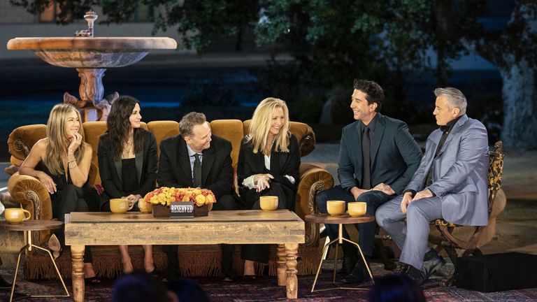 Undated file photo issued by HBO Max from the Friends reunion special of (l-r) Jennifer Aniston, Courteney Cox, Lisa Kudrow, Matt LeBlanc, Matthew Perry and David Schwimmer.  Friends???  Star Matthew Perry has been found dead at his home in Los Angeles, according to reports in the United States.  Publication date: Sunday October 29, 2023.