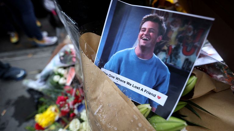 A makeshift memorial for actor Matthew Perry