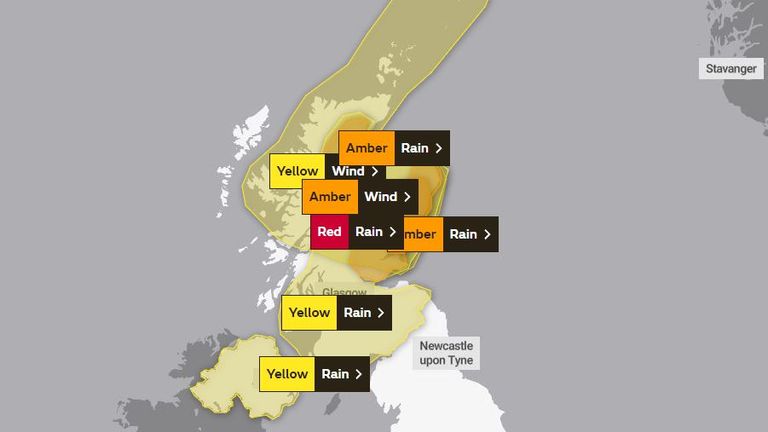 A red warning for rain is among the warnings in place on Thursday