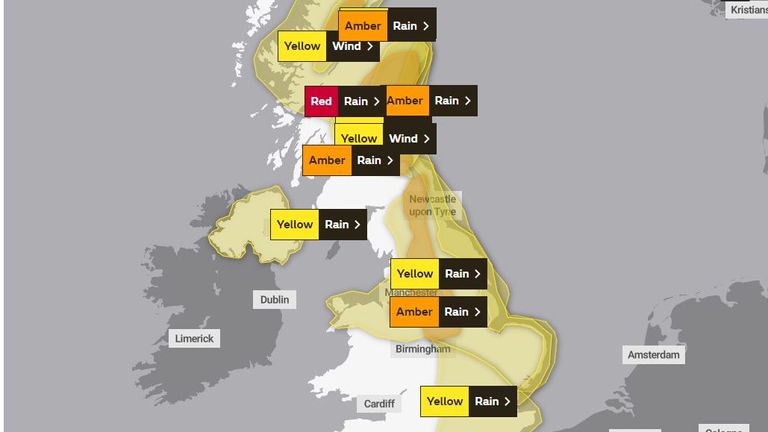 Red, amber and yellow weather warnings are in place for rain and wind. Pic: Met Office