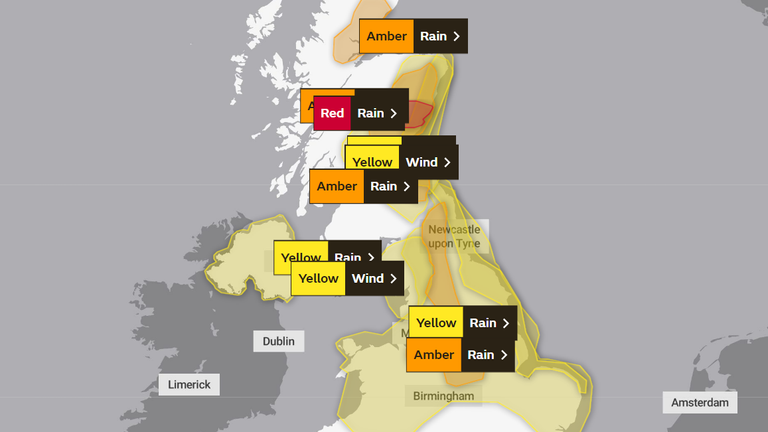 Red, amber and yellow weather warnings are in place for rain and wind. Pic: Met Office