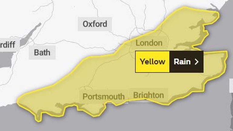 The area covered by a Met Office yellow weather warning for rain on 24 and 25 October, 2023