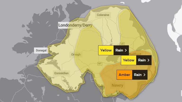 A Met Office amber warning for heavy rain is in place covering counties Antrim, Down and Armagh until 9am on Tuesday