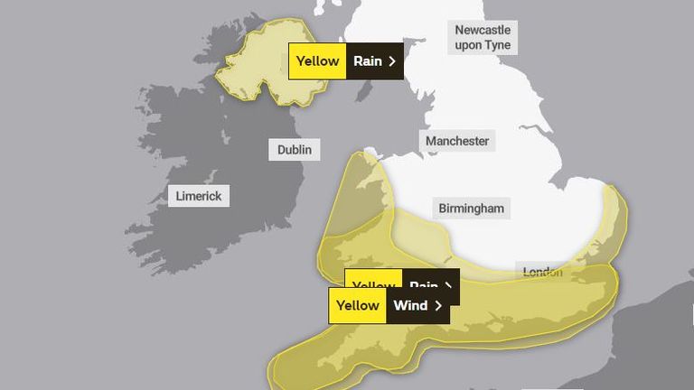 Met Office yellow weather warnings for rain and wind on Wednesday