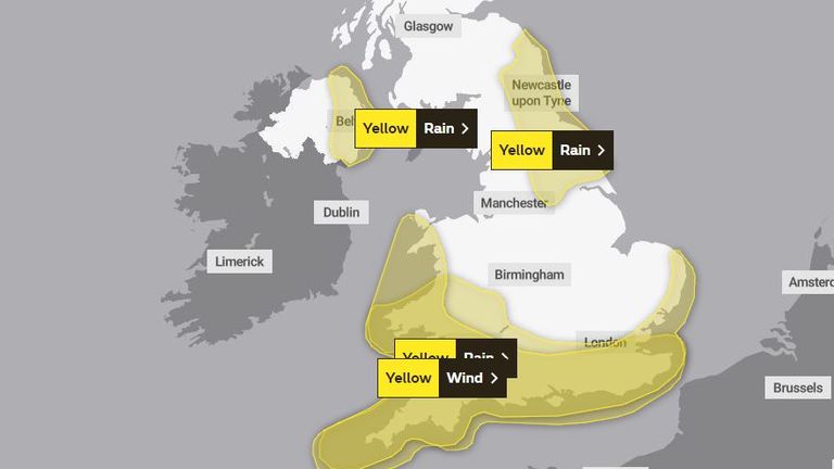 Met Office yellow weather warnings for rain and wind on Thursday