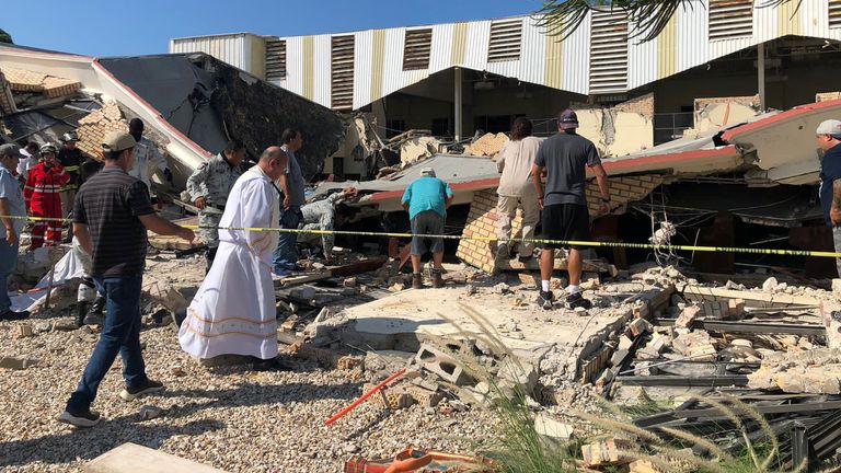 The roof collapsed during Sunday mass. Pic: Secretaria de Seguridad Publica Tamaulipas via Reuters